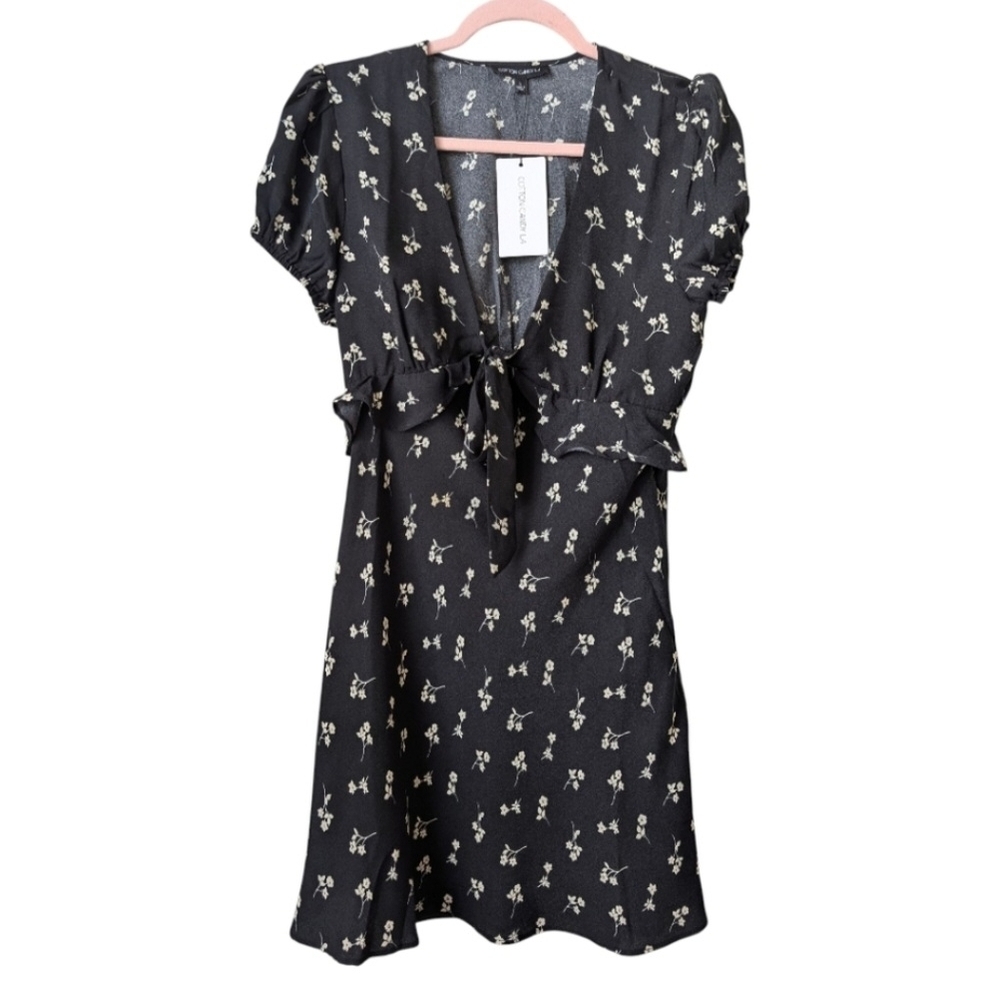 Cotton Candy La Tie Front Floral Print Mini Dress- Black Sz Lg - Picture 9 of 9